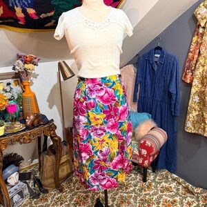 Christian Dior Vintage 80s‎ Floral Rayon Pleated Midi Skirt Pink Teal 14